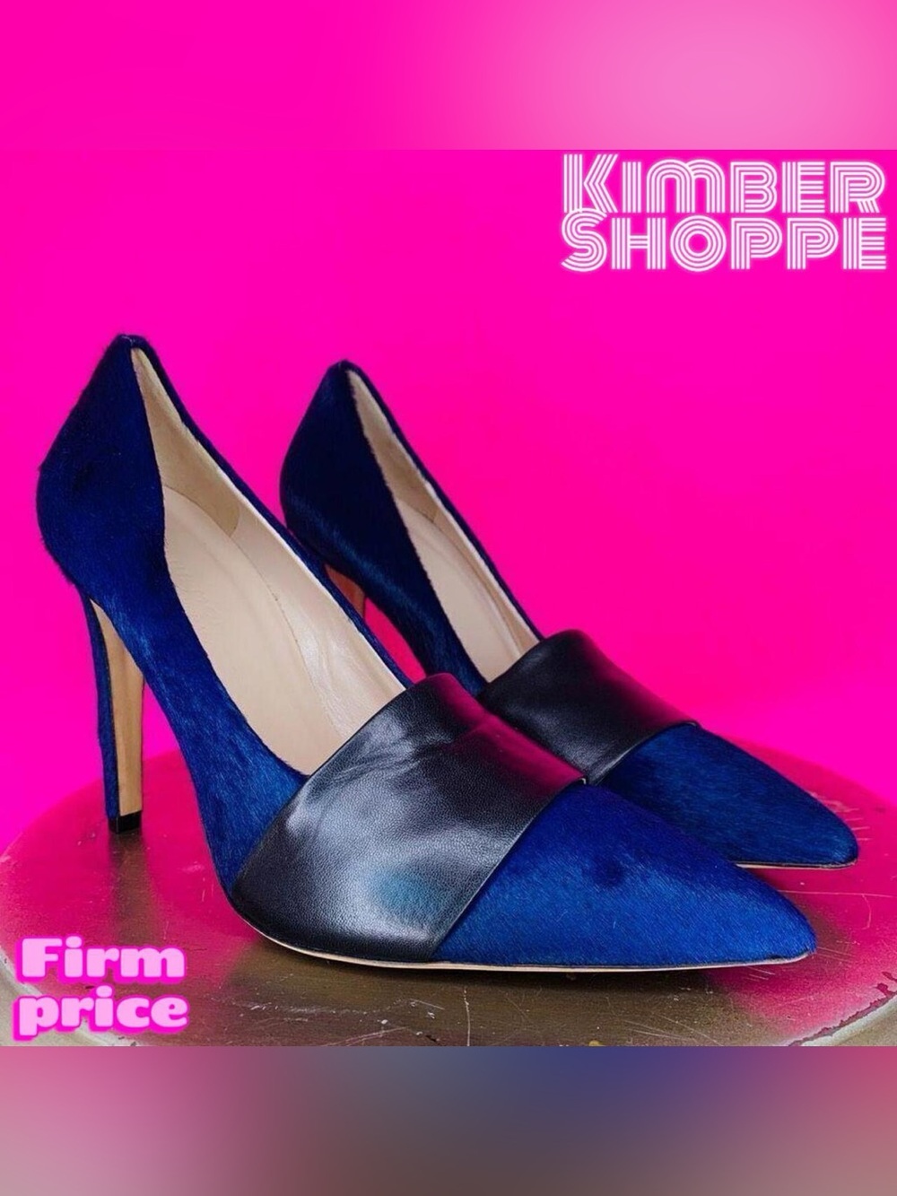 Club Monaco New Celine Blue Pony Hair Black Leather Strap Pointed Toe Pumps US 6